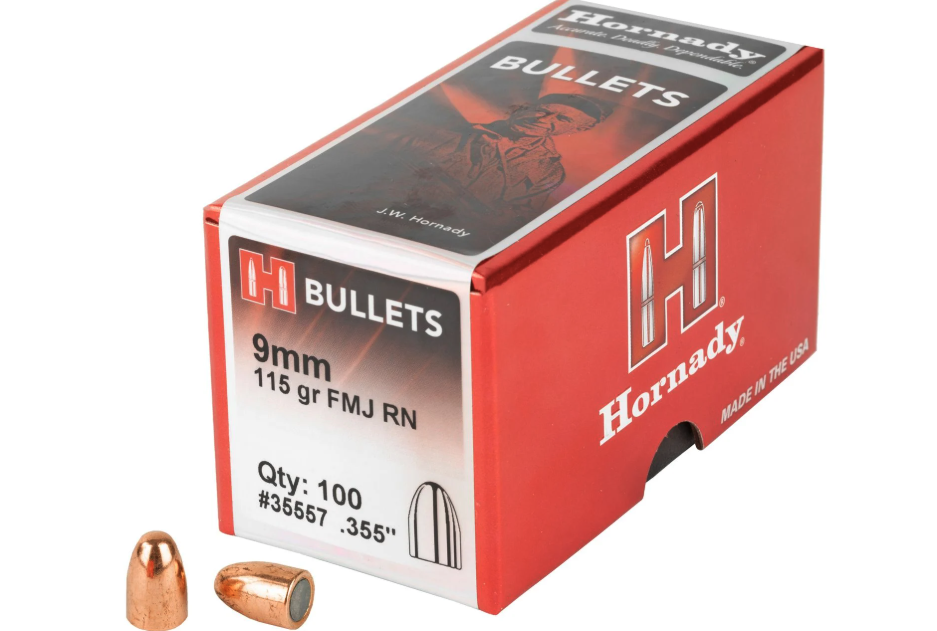 Hornady 35557 FMJ Handgun 9mm .355 115 gr Full Metal Jacket Round Nose (FMJRN) 100 Per Box 
